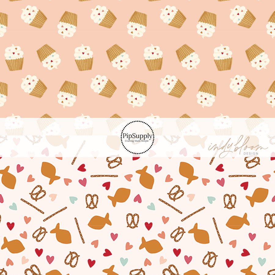 Cupcake Fabric by the Yard - Peachy Pink Fabric with White Frosted Cupcakes and Tiny Heart Sprinkles - Snack Fabric by the Yard - Goldfish, Pretzel's, Hearts on a Pale Pink Fabric by the Yard