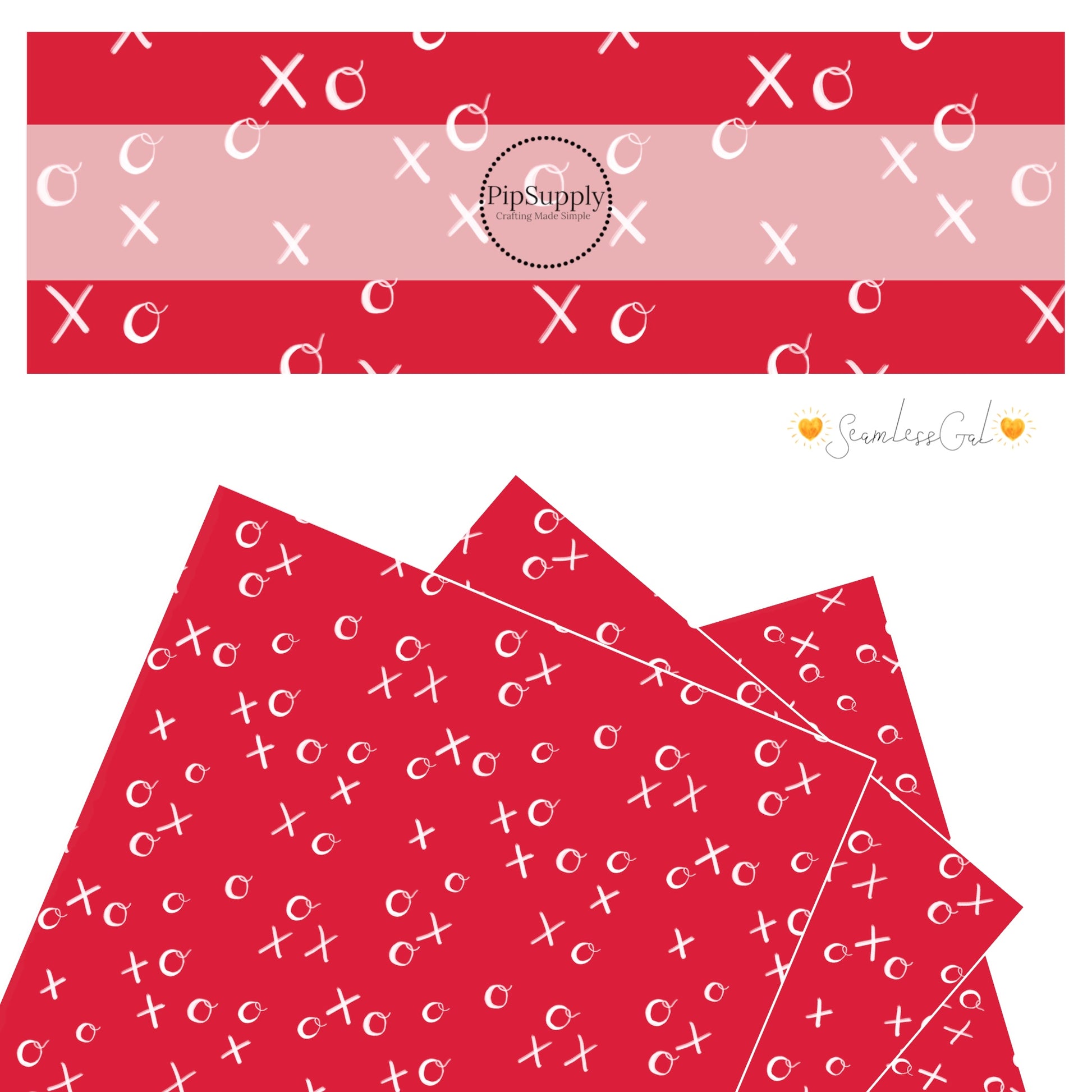 Scattered cursive XO on crimson red faux leather sheets