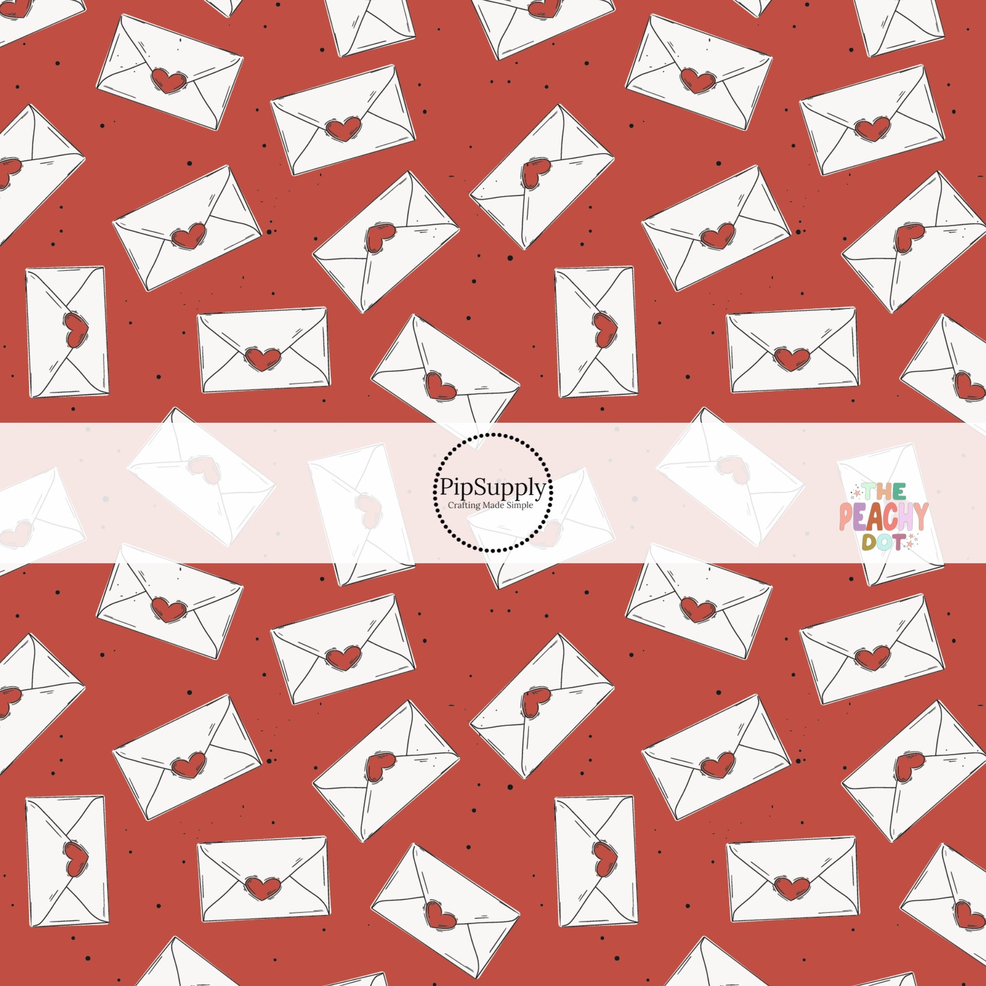 Scattered red heart mail envelopes with black sparse dots on red bow strips. 