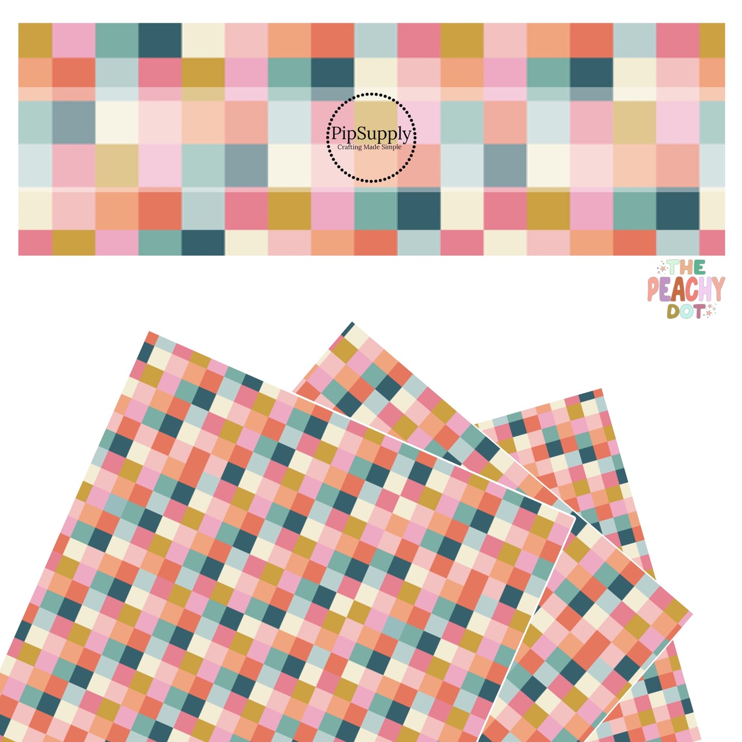 Multi navy, pink, green, orange, and cream checkered faux leather sheets