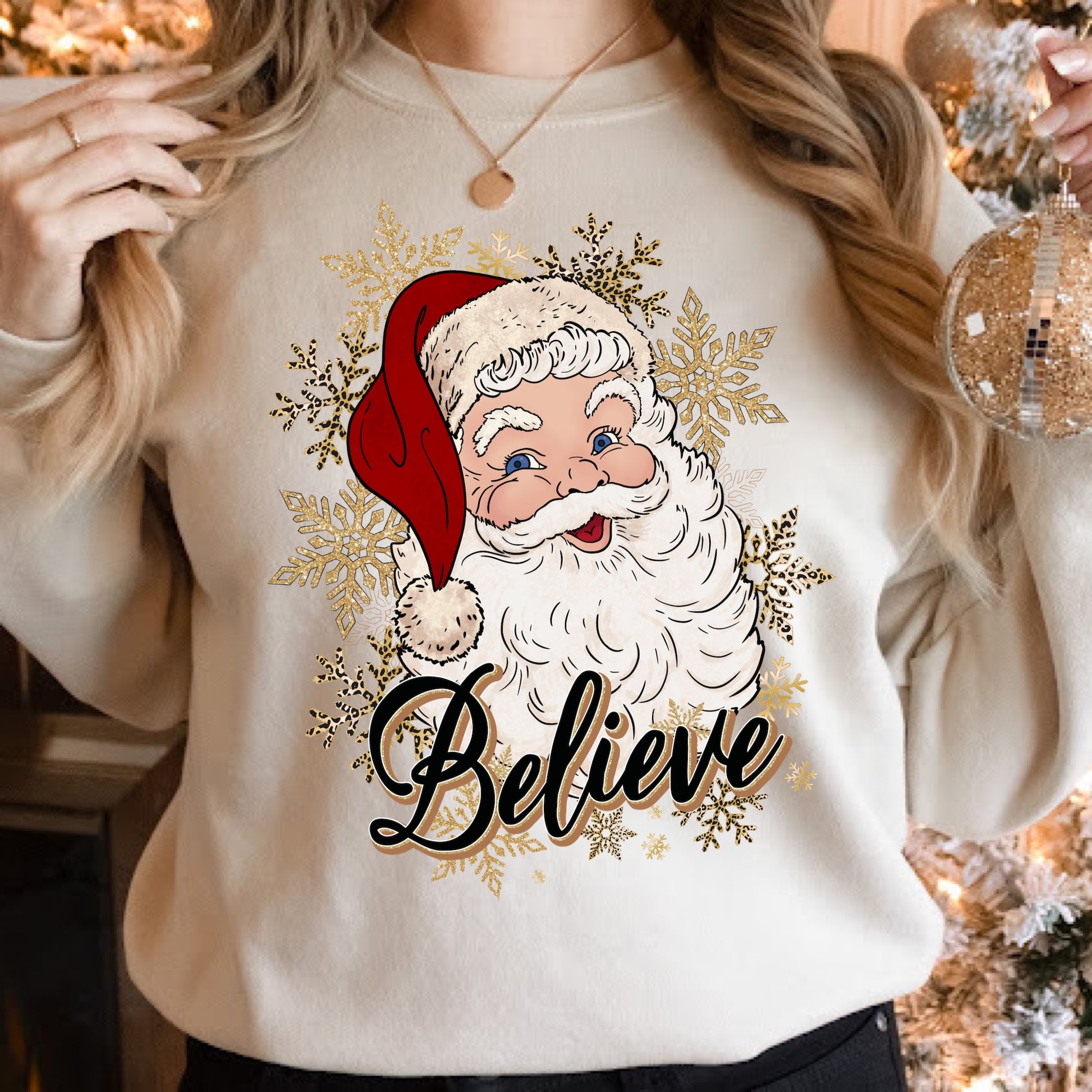 Vintage Santa with Gold Snowflakes and the word Believe. DTF Iron on TRanfer - Christmas Sublimation Iron on Transfer 