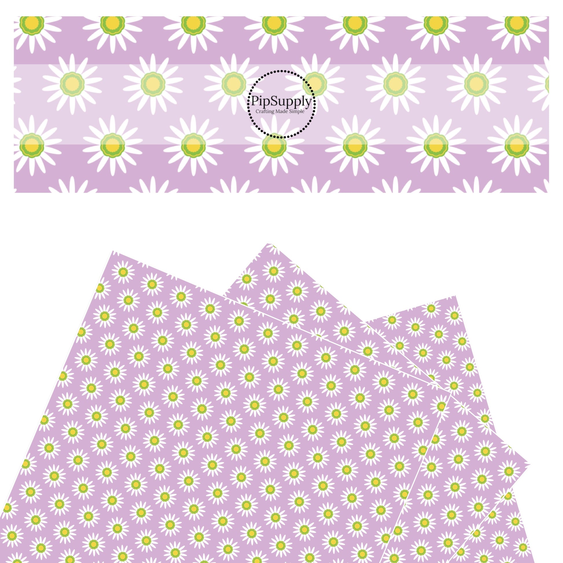 White flowers with green and yellow center on purple faux leather sheets