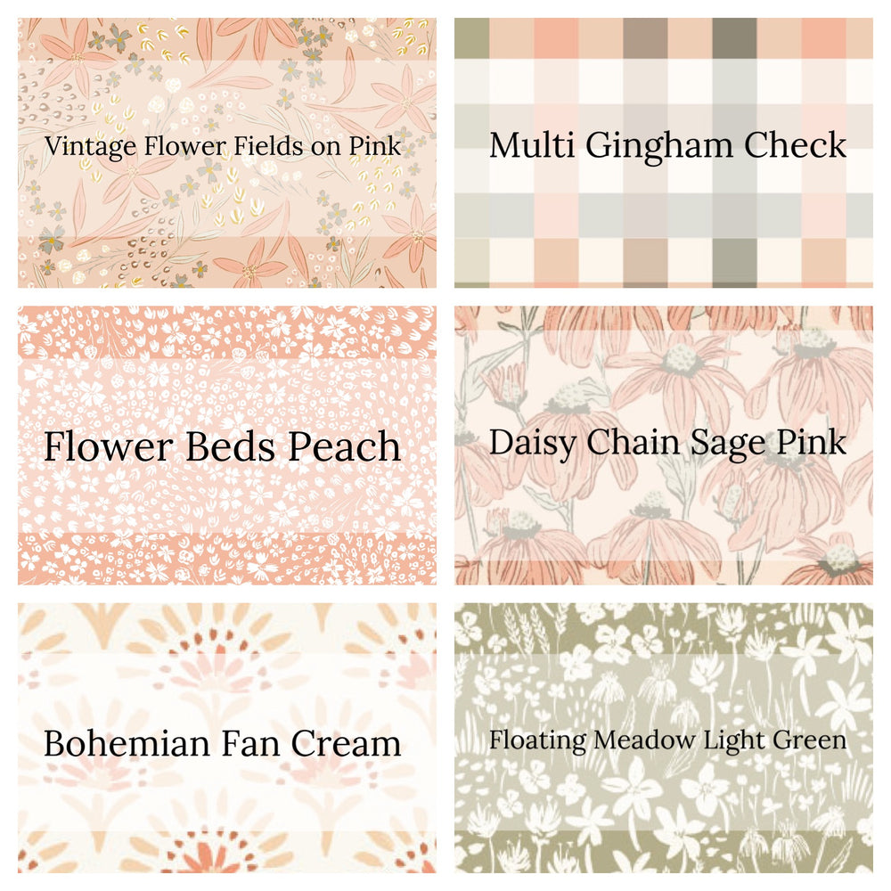 Cream, pink, peach and green floral high quality fabric adaptable for all your crafting needs. Make cute baby headwraps, fun girl hairbows, knotted headbands for adults or kids, clothing, and more!