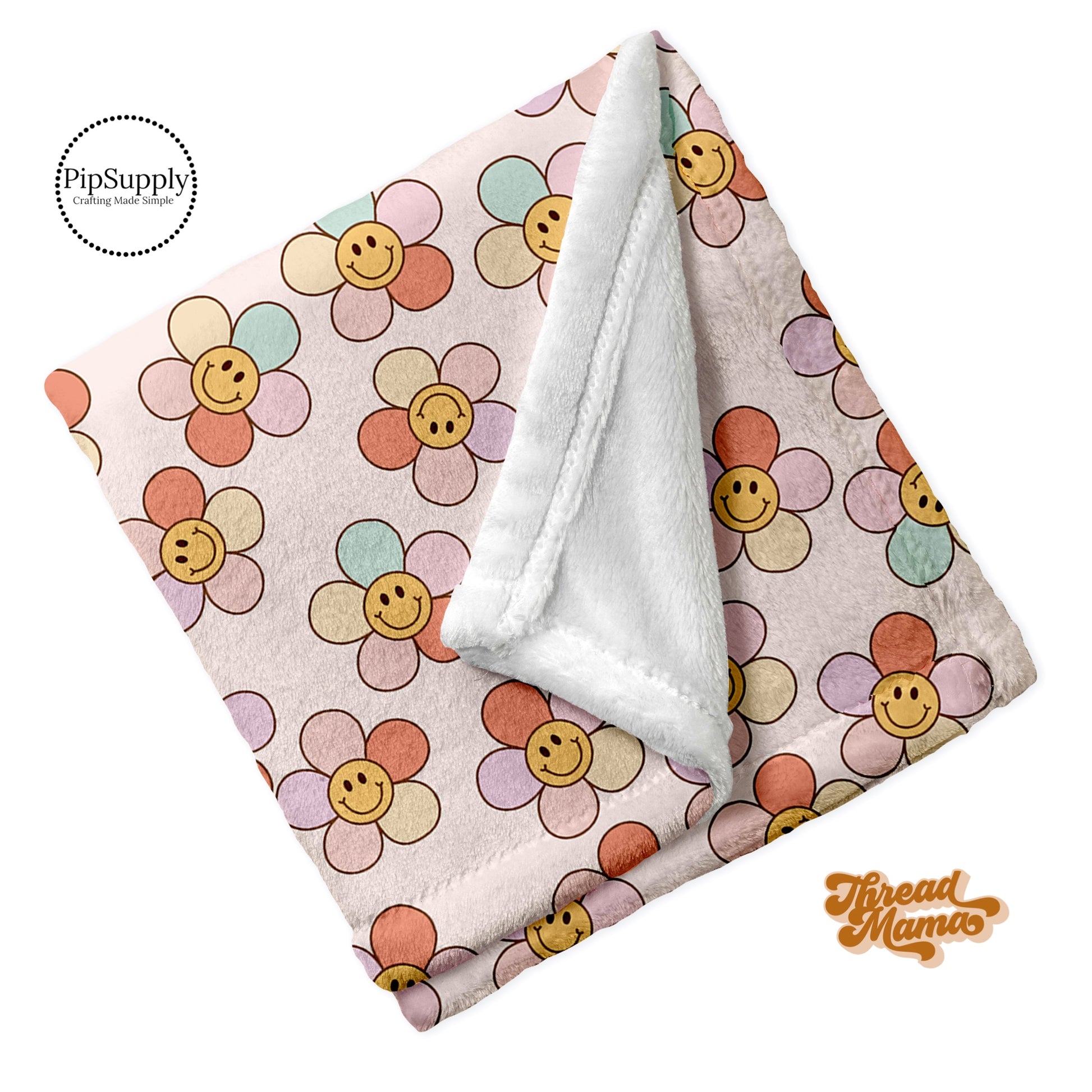 Pale Pink Minky Blanket with Smiley Face Daisies and Multi-Colored Petals - Personalized - Fleece - Blanket  