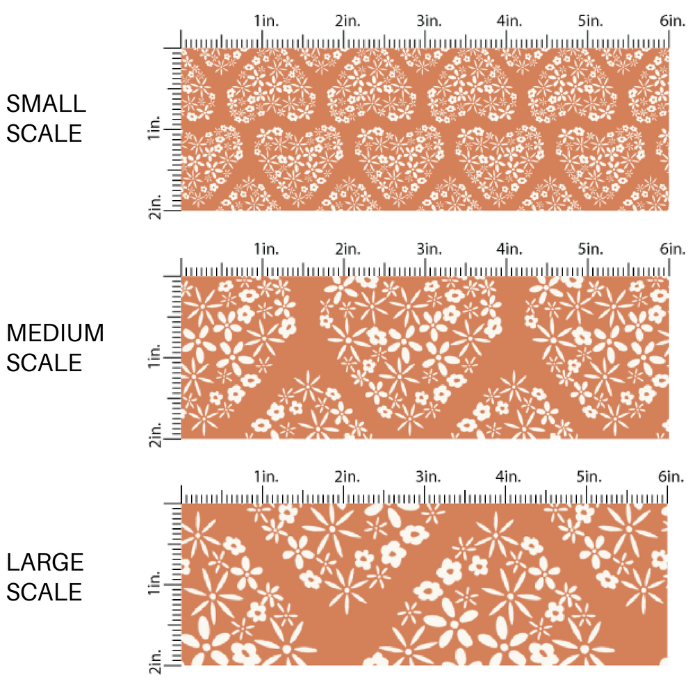 Copper fabric scaling guide with white daisies in the shape of hearts