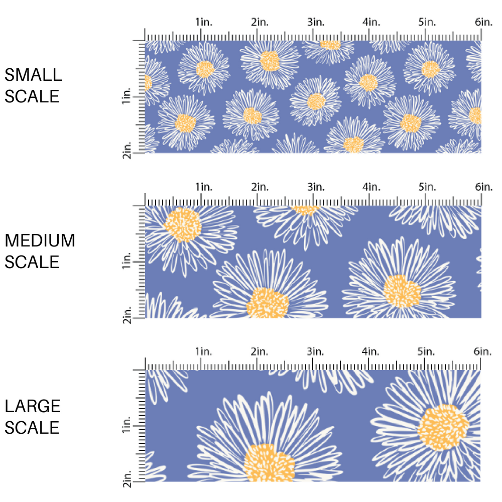 Blue Fabric scaling guide pattern with white flowers and yellow accents fabric by the yard