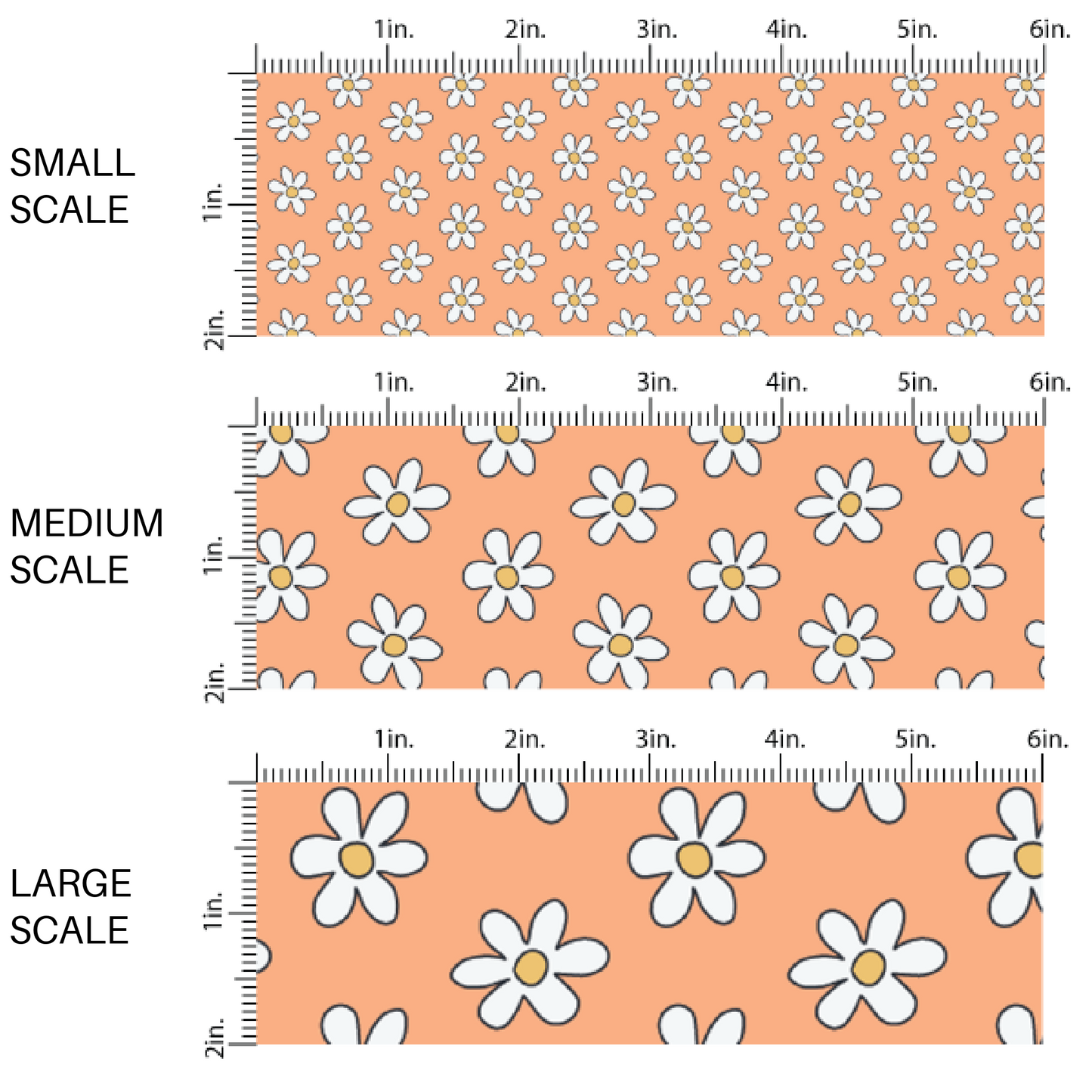 Orange Fabric by the yard scaled image guide with white daisies and yellow centers