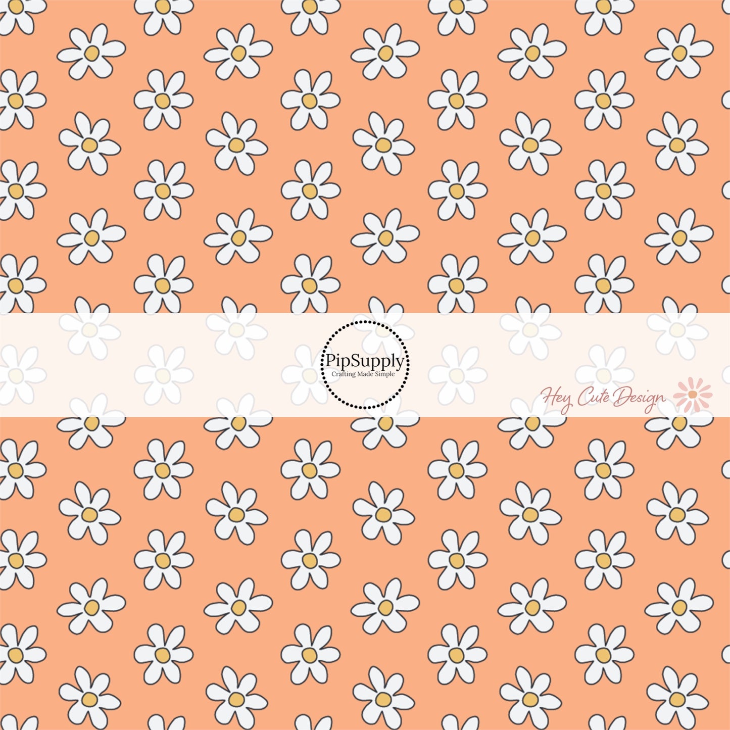 Orange Fabric by the yard with white daisies and yellow centers- Spring Fabric by the Yard 