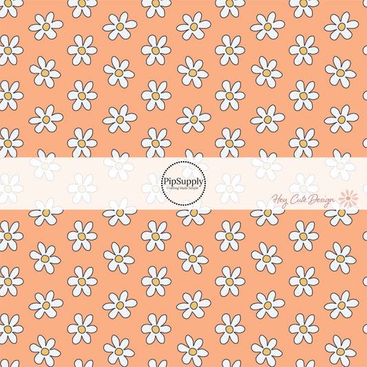 Orange Fabric by the yard with white daisies and yellow centers- Spring Fabric by the Yard 