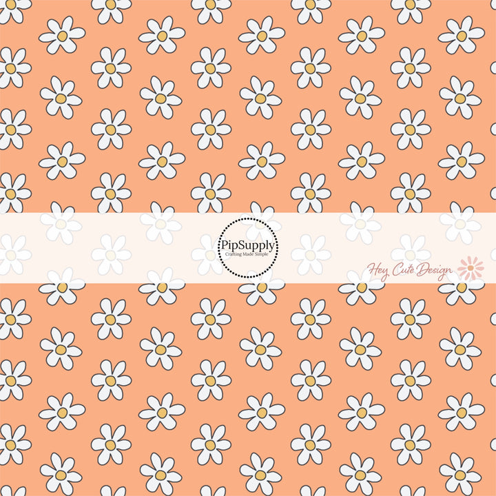 Orange Fabric by the yard with white daisies and yellow centers- Spring Fabric by the Yard 