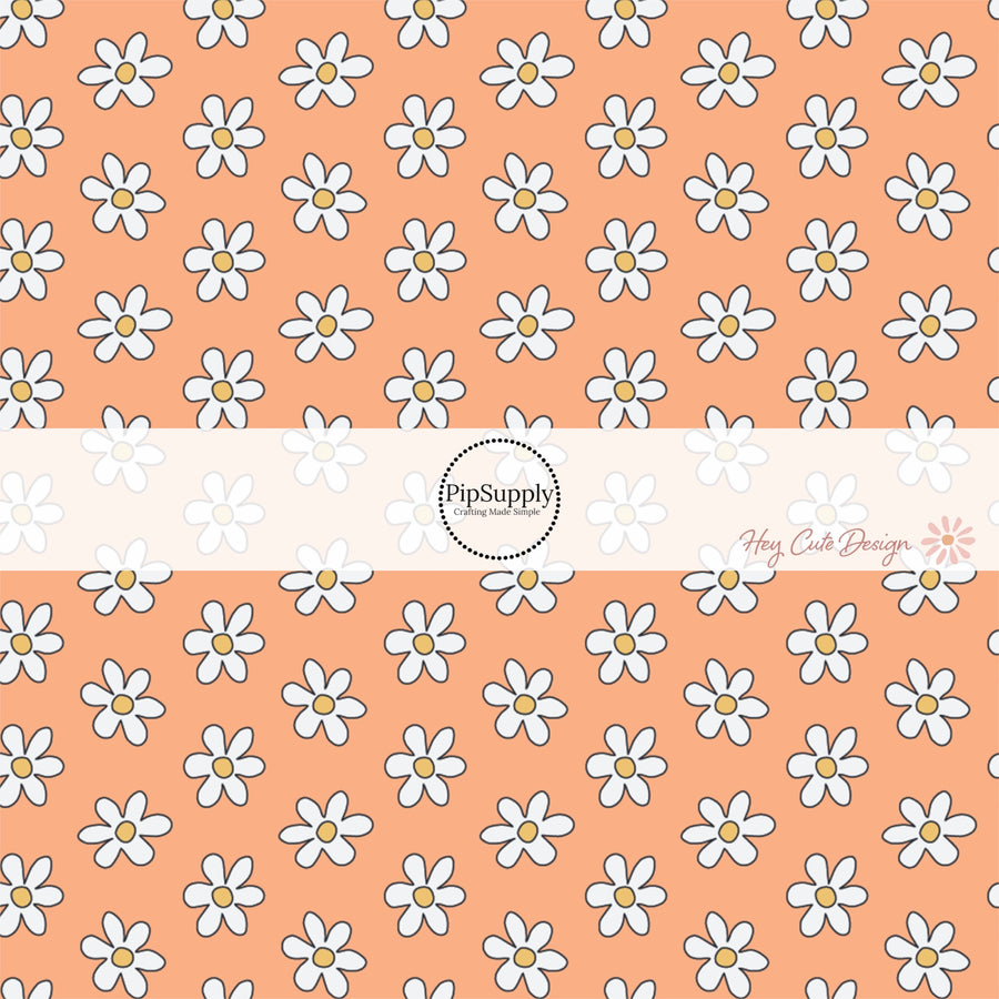 Orange Fabric by the yard with white daisies and yellow centers- Spring Fabric by the Yard 