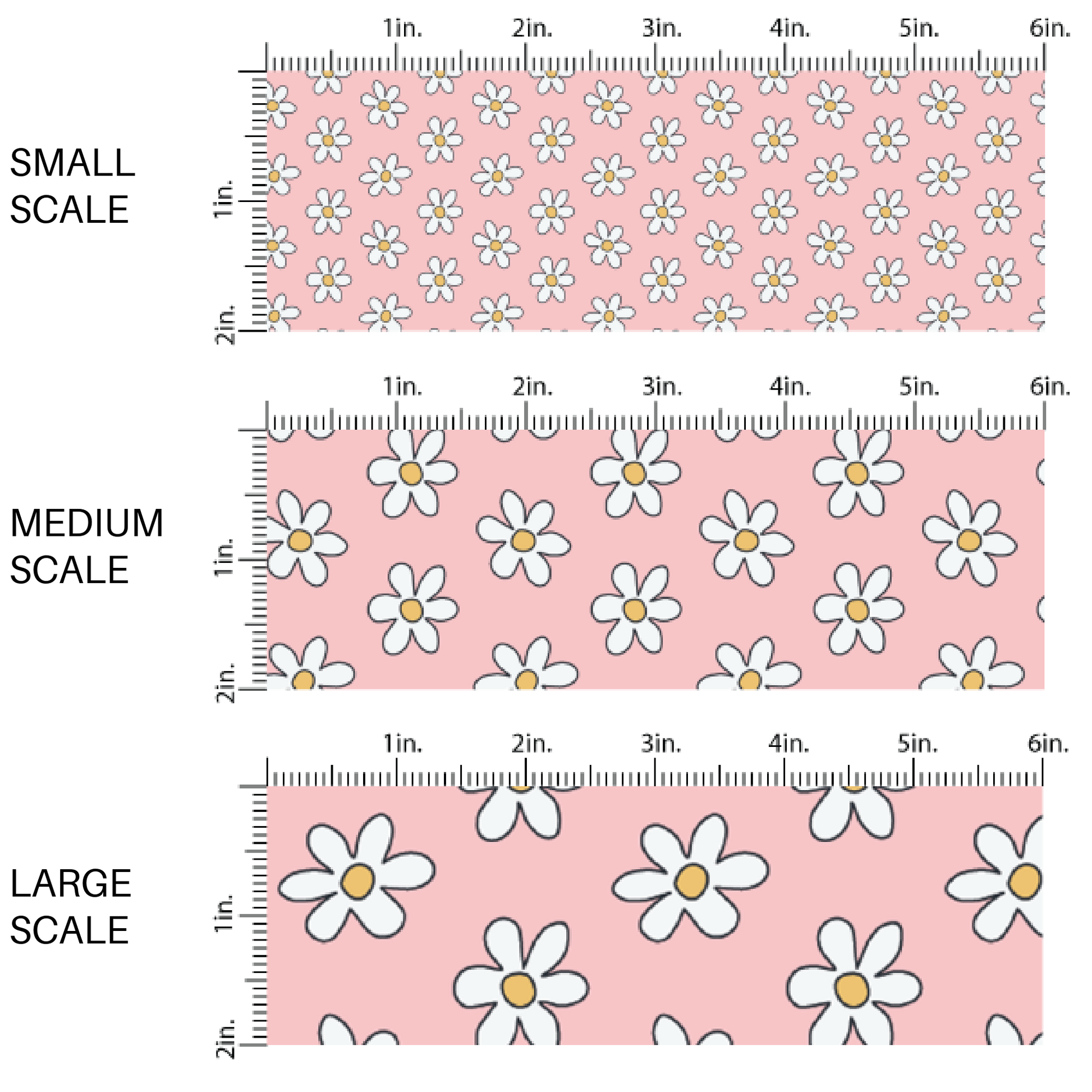 White daisies with yellow centers on pink fabric by the yard scaled image guide
