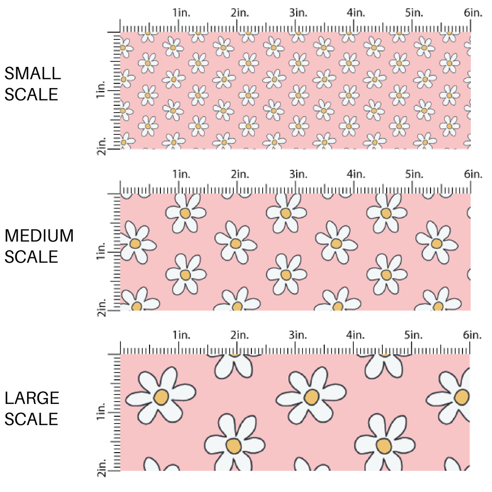 White daisies with yellow centers on pink fabric by the yard scaled image guide