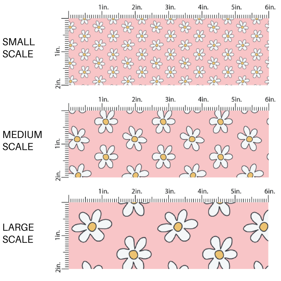 White daisies with yellow centers on pink fabric by the yard scaled image guide