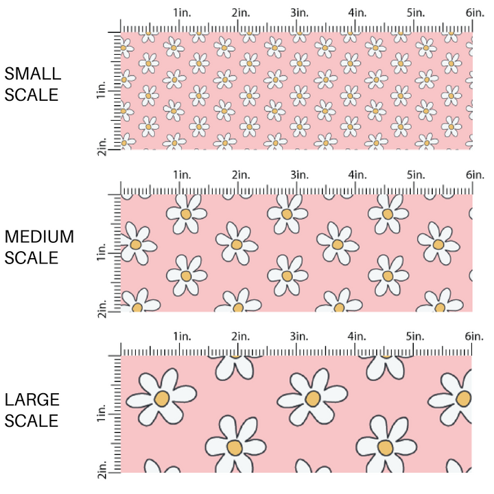 White daisies with yellow centers on pink fabric by the yard scaled image guide