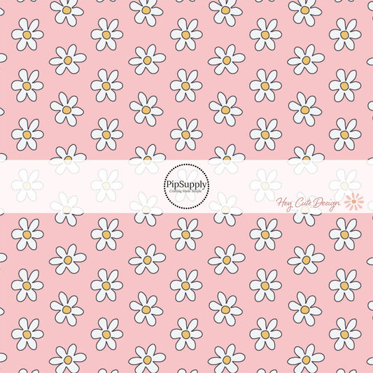 White daisies with yellow centers on pink fabric by the yard  - Spring Fabric by the Yard 