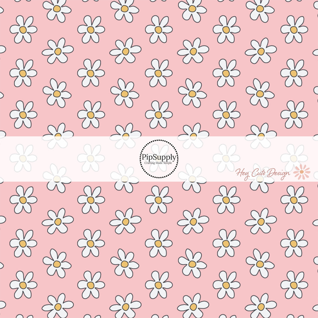 White daisies with yellow centers on pink fabric by the yard  - Spring Fabric by the Yard 