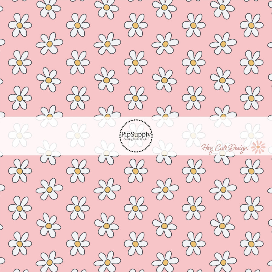 White daisies with yellow centers on pink fabric by the yard  - Spring Fabric by the Yard 