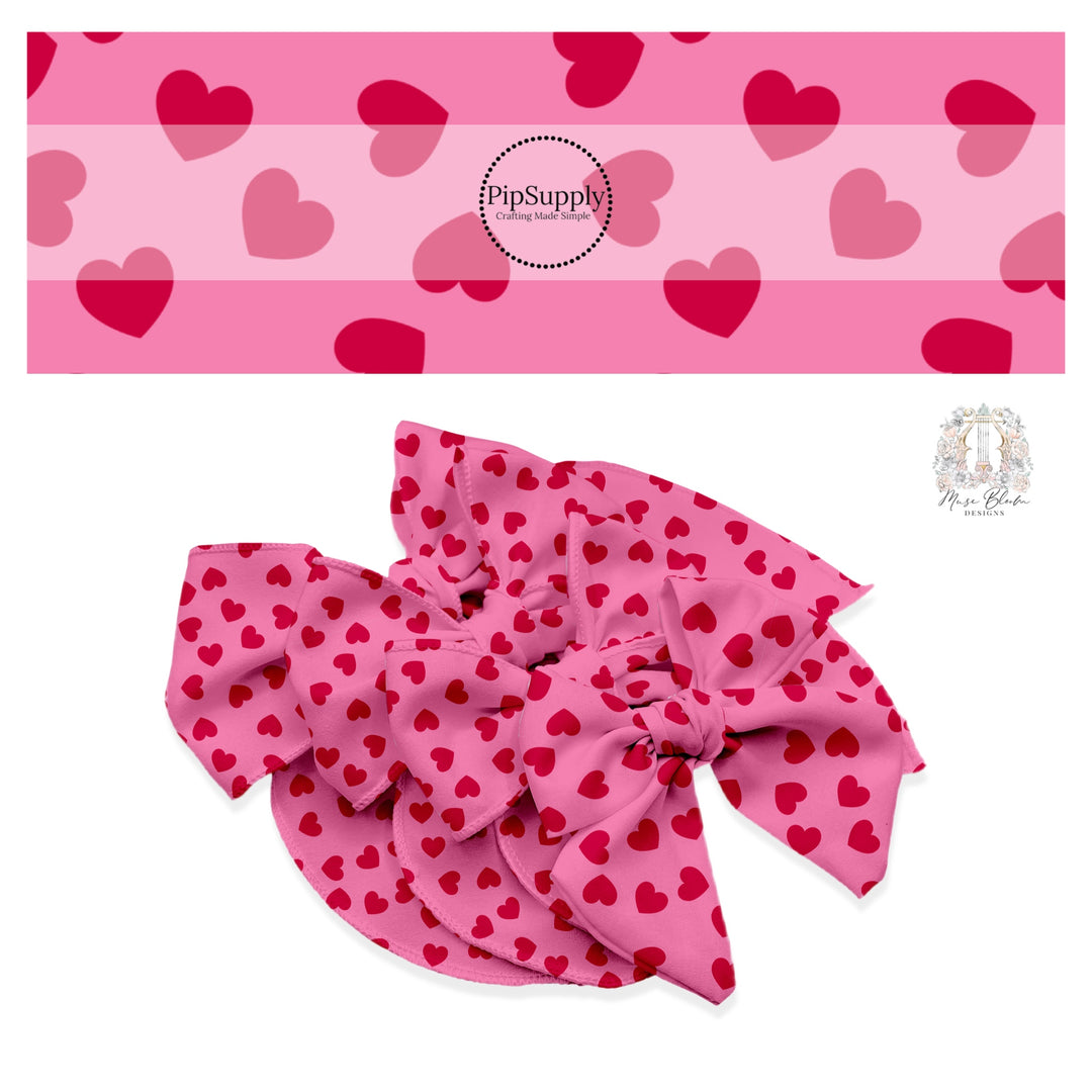 Dark red hearts on a dark pink bow strip