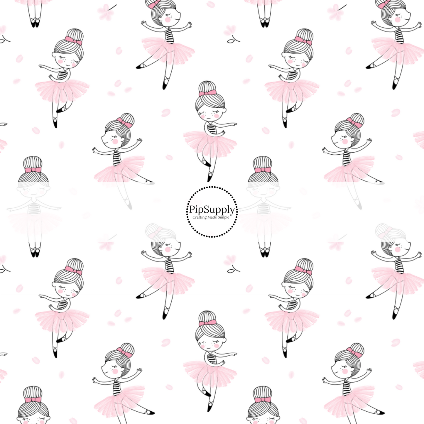 Ballerina with pink tutu and pink hair bow dancing with pink polka dots and flowers on white bow strips