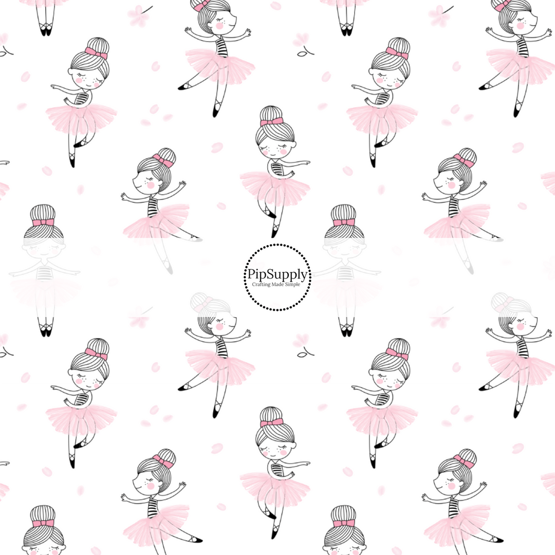 Ballerina with pink tutu and pink hair bow dancing with pink polka dots and flowers on white bow strips