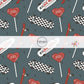 dark blue fabric swatch with heart shaped lollipops and checkered skateboards - Fabric by the Yard 