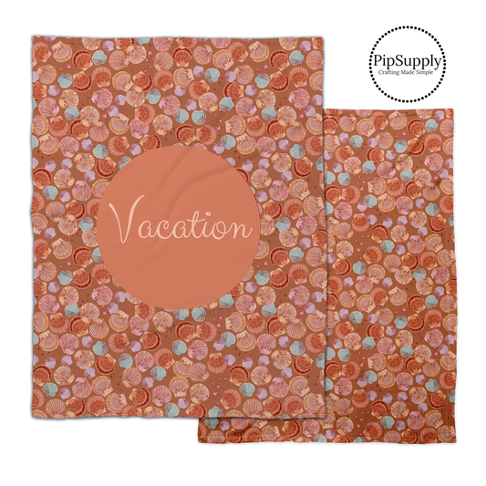 Natural color seashells on brown background patterned fleece blankets with tan customizable text on light brown center.