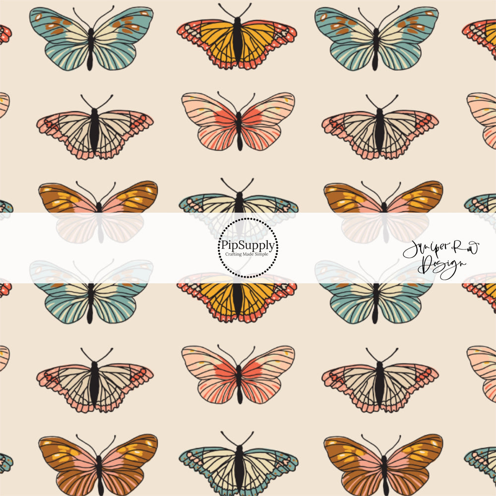 Multi blue, pink, orange, and brown butterflies on cream bow strips