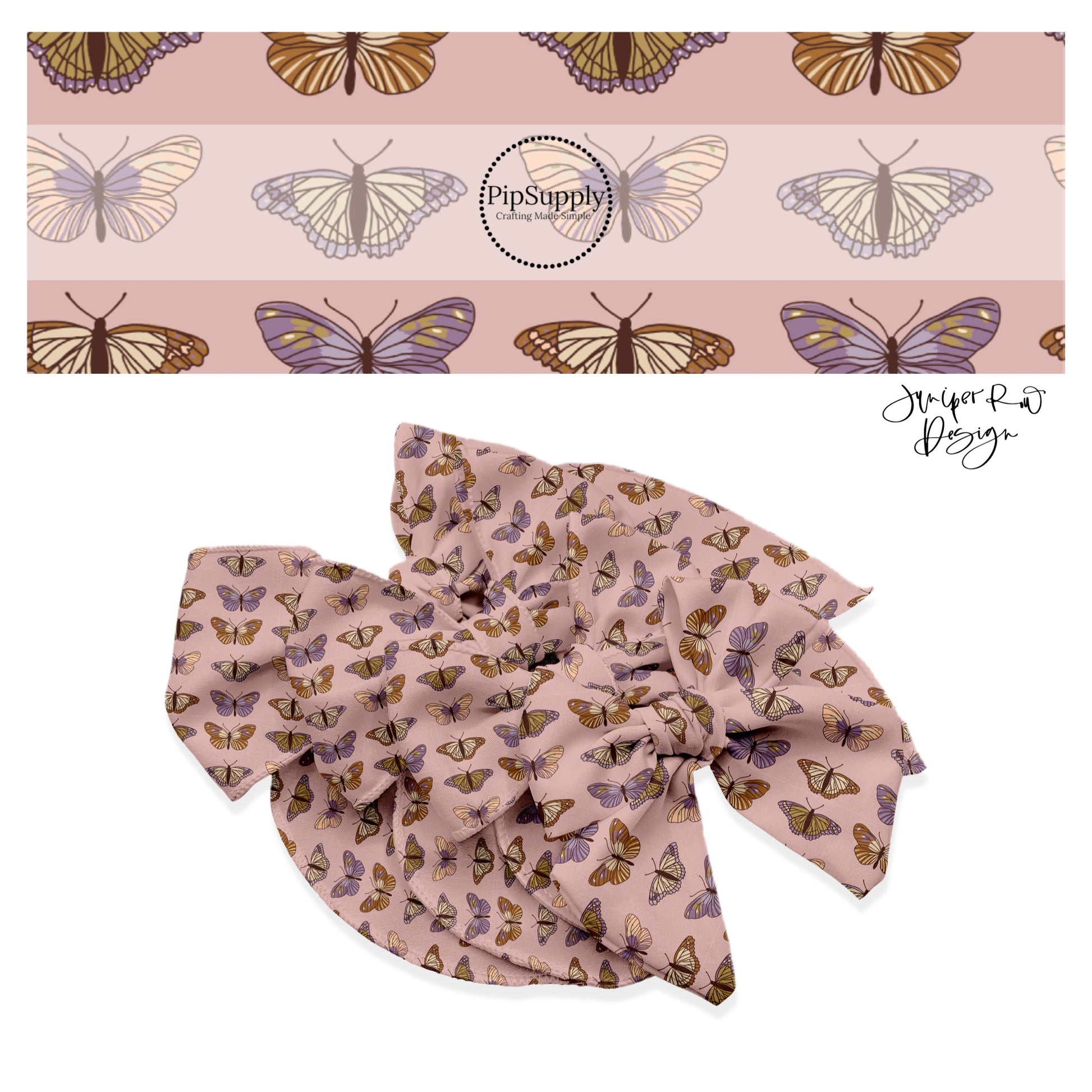 Purple, brown, and cream multi butterflies on pink bow strips