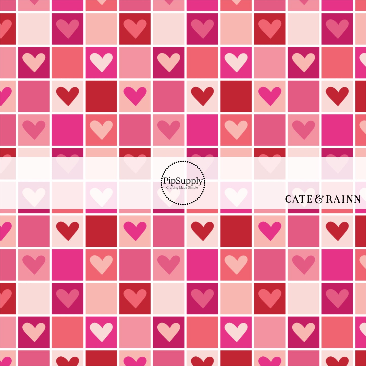 Dark pink, light pink, and dark red hearts on pink checkered bow strips