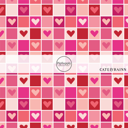 Dark pink, light pink, and dark red hearts on pink checkered bow strips