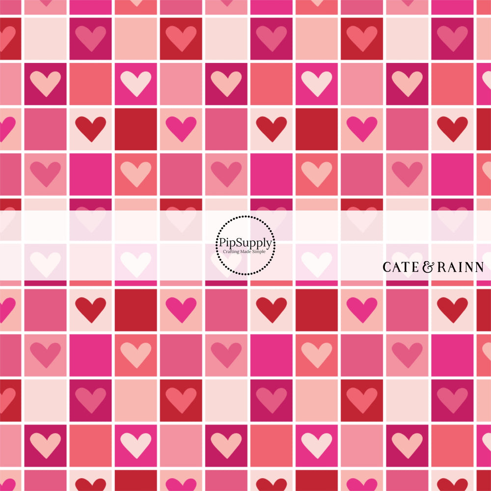 Dark pink, light pink, and dark red hearts on pink checkered bow strips