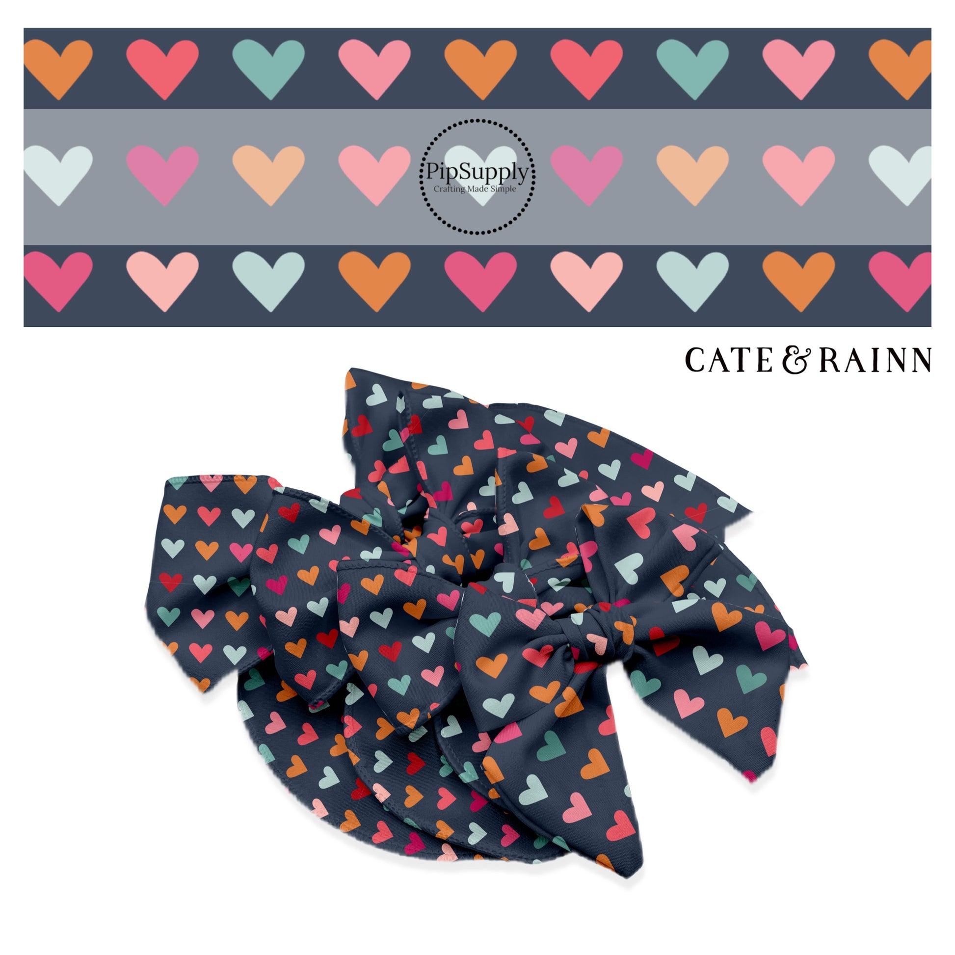 Hot pink, light pink, light blue, orange, and teal hearts on navy blue bow strips