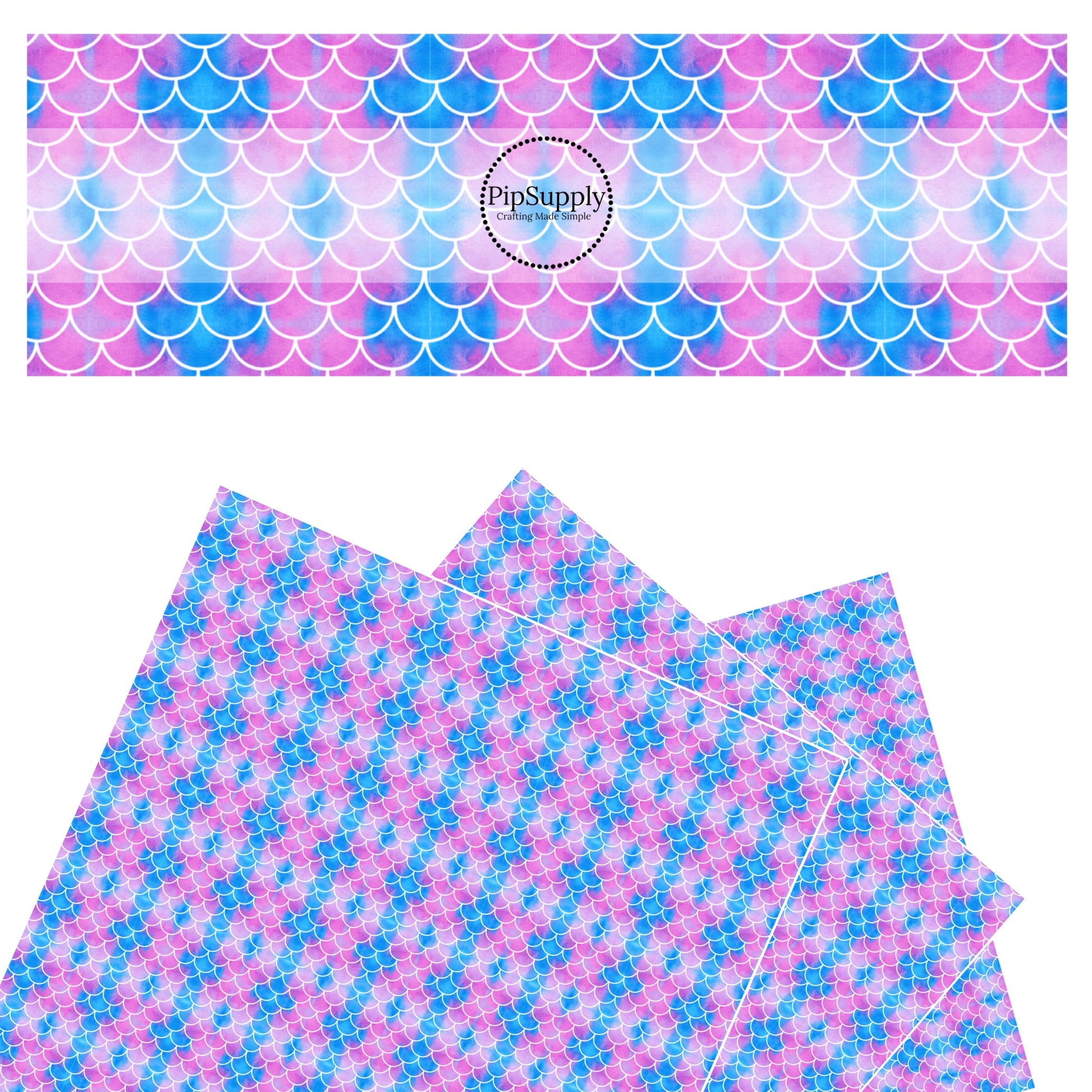 Pink and blue fish scale design faux leather sheet.