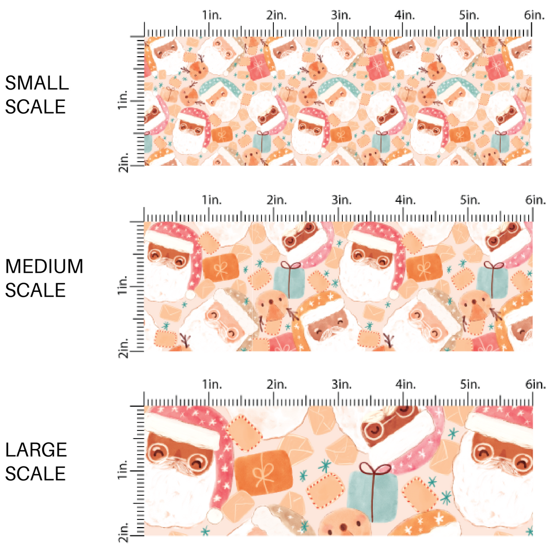 Neutral colored Christmas pattern with Santas scaled in small, medium, and large print fabric.