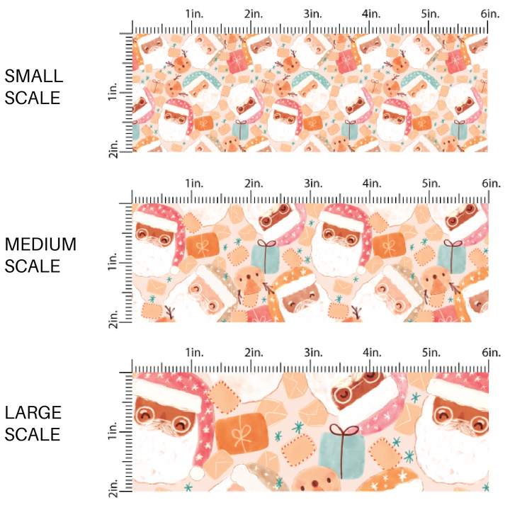 Neutral colored Christmas pattern with Santas scaled in small, medium, and large print fabric.