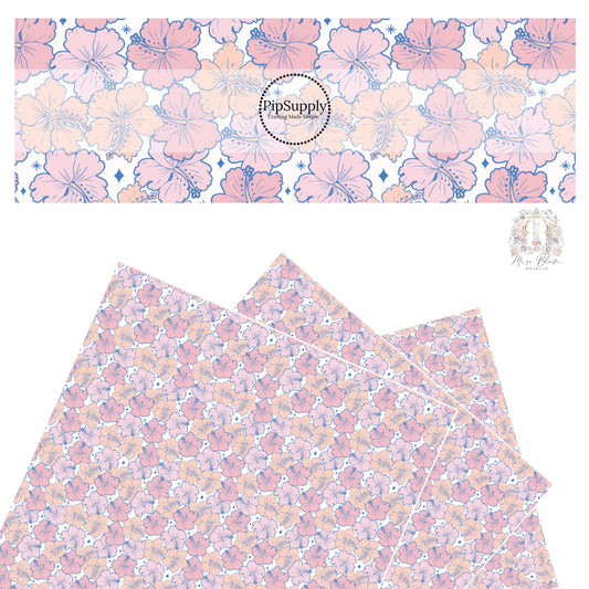 Pink peach and blue Hibiscus flowers and stars on a cream faux leather sheet.