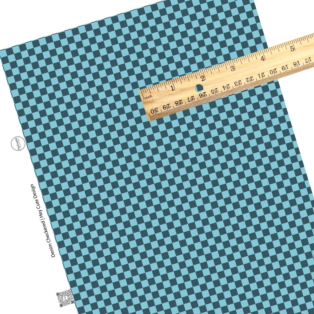 Mini denim blue checkered pattern faux leather sheet.