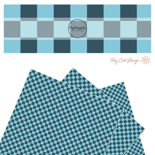 Checkered light blue and denim pattern faux leather sheet.