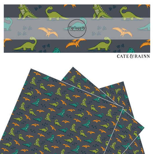 Green, orange, and teal dinos on charcoal faux leather sheet.