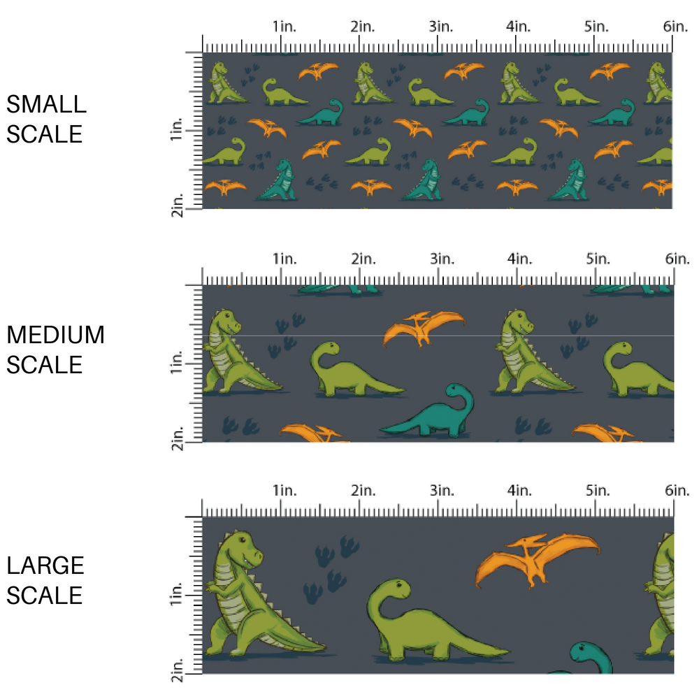 Charcoal gray fabric by the yard scaled image guide with orange, teal, and green dinosaurs