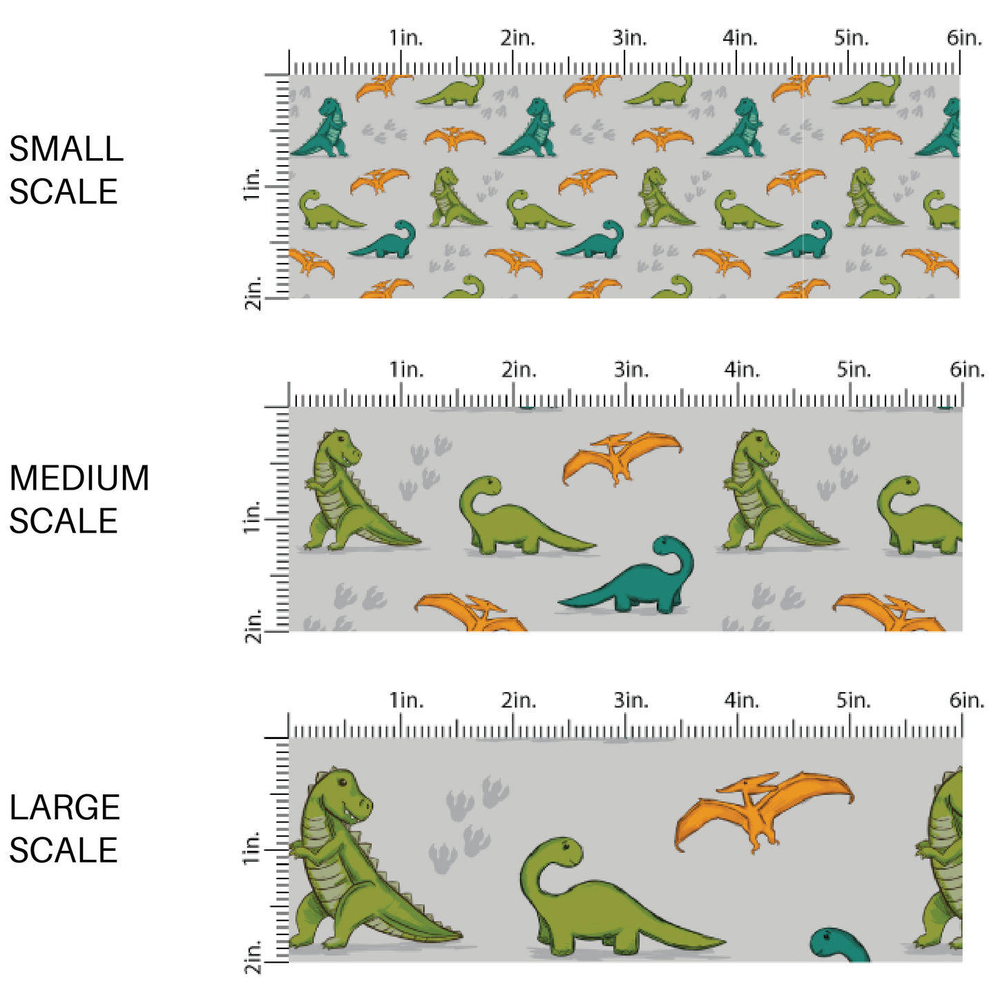 Gray fabric by the yard scaled image guide with green, teal, and orange dinosaurs