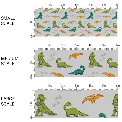Gray fabric by the yard scaled image guide with green, teal, and orange dinosaurs