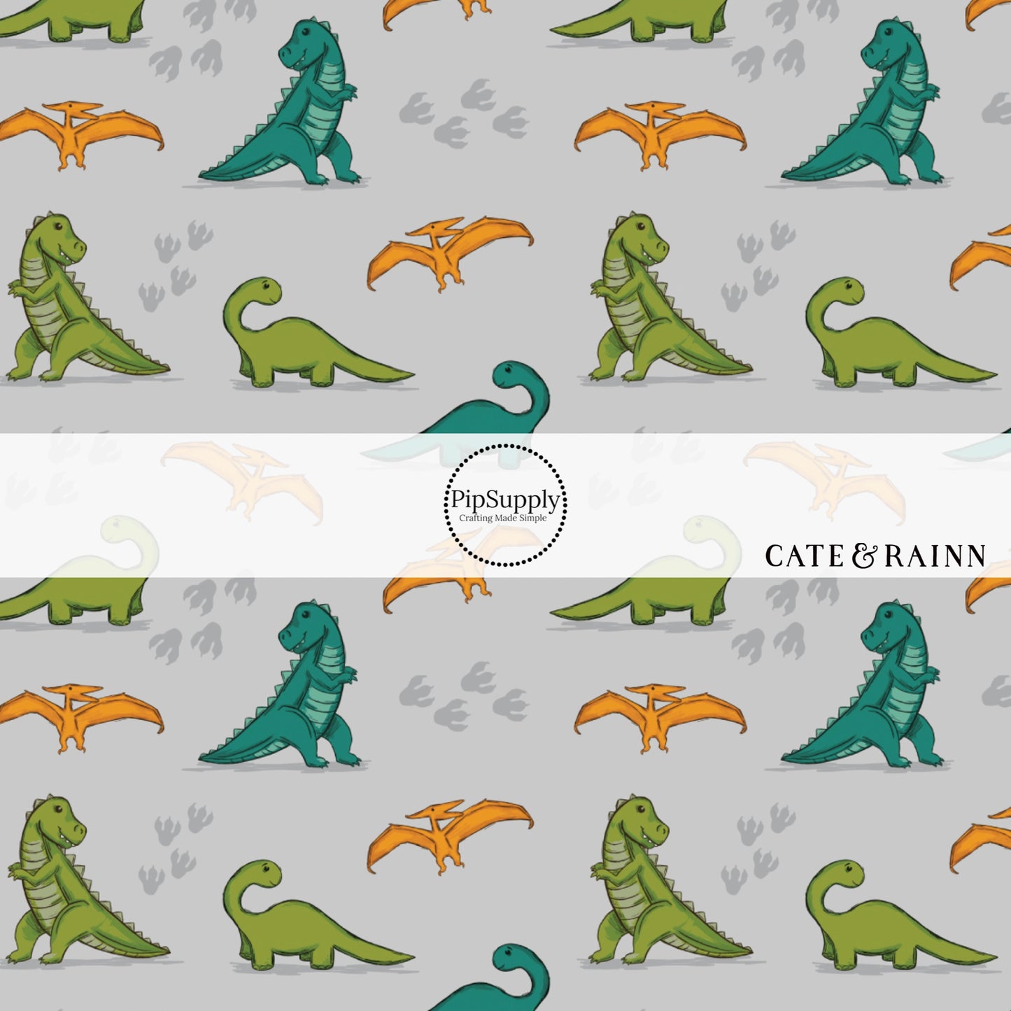 Gray fabric by the yard with green, teal, and orange dinosaurs