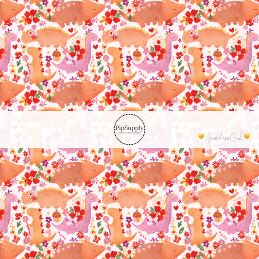 Dinosaur Fabric By the Yard print with flowers and hearts - Pink , Orange and Red 