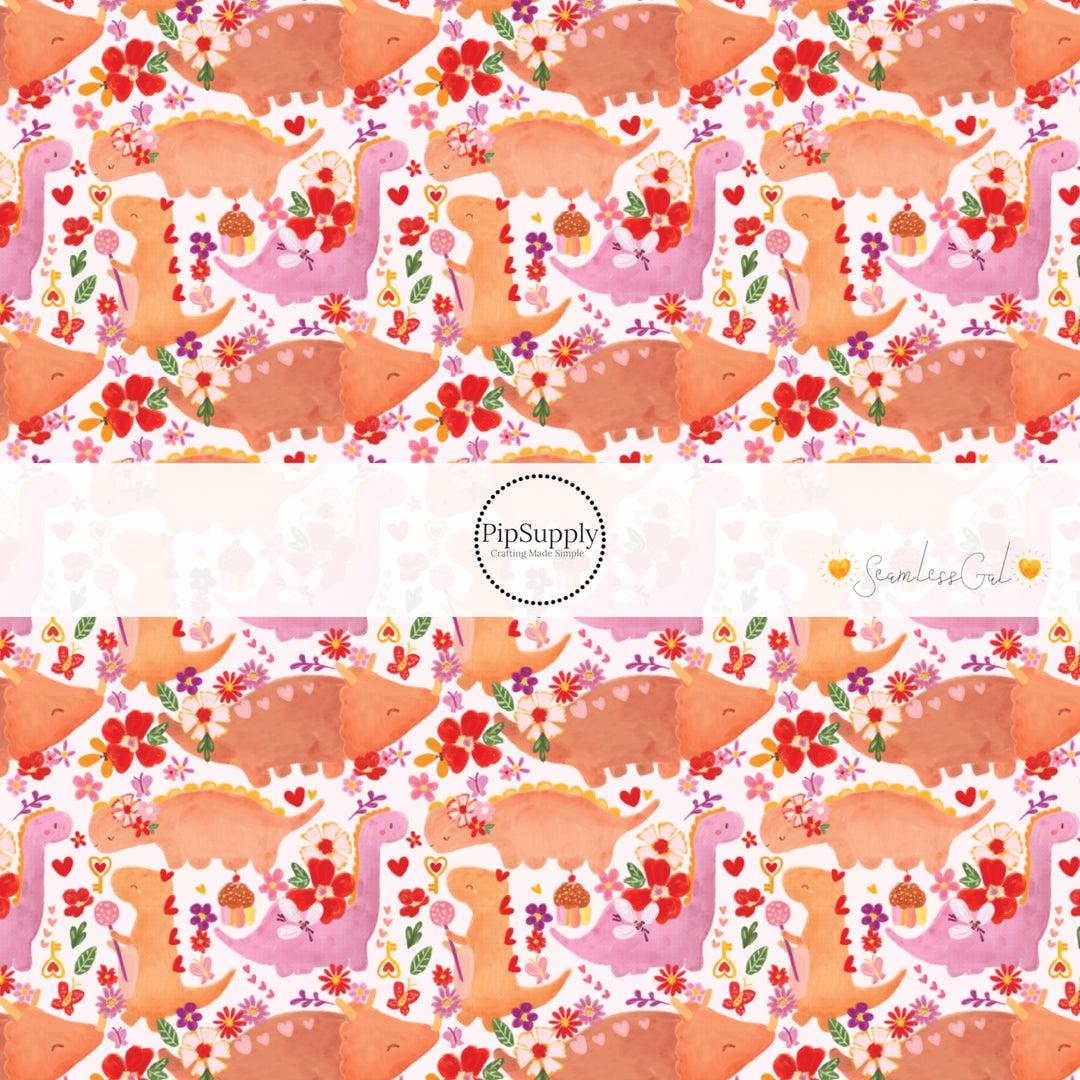 Dinosaur Fabric By the Yard print with flowers and hearts - Pink , Orange and Red 