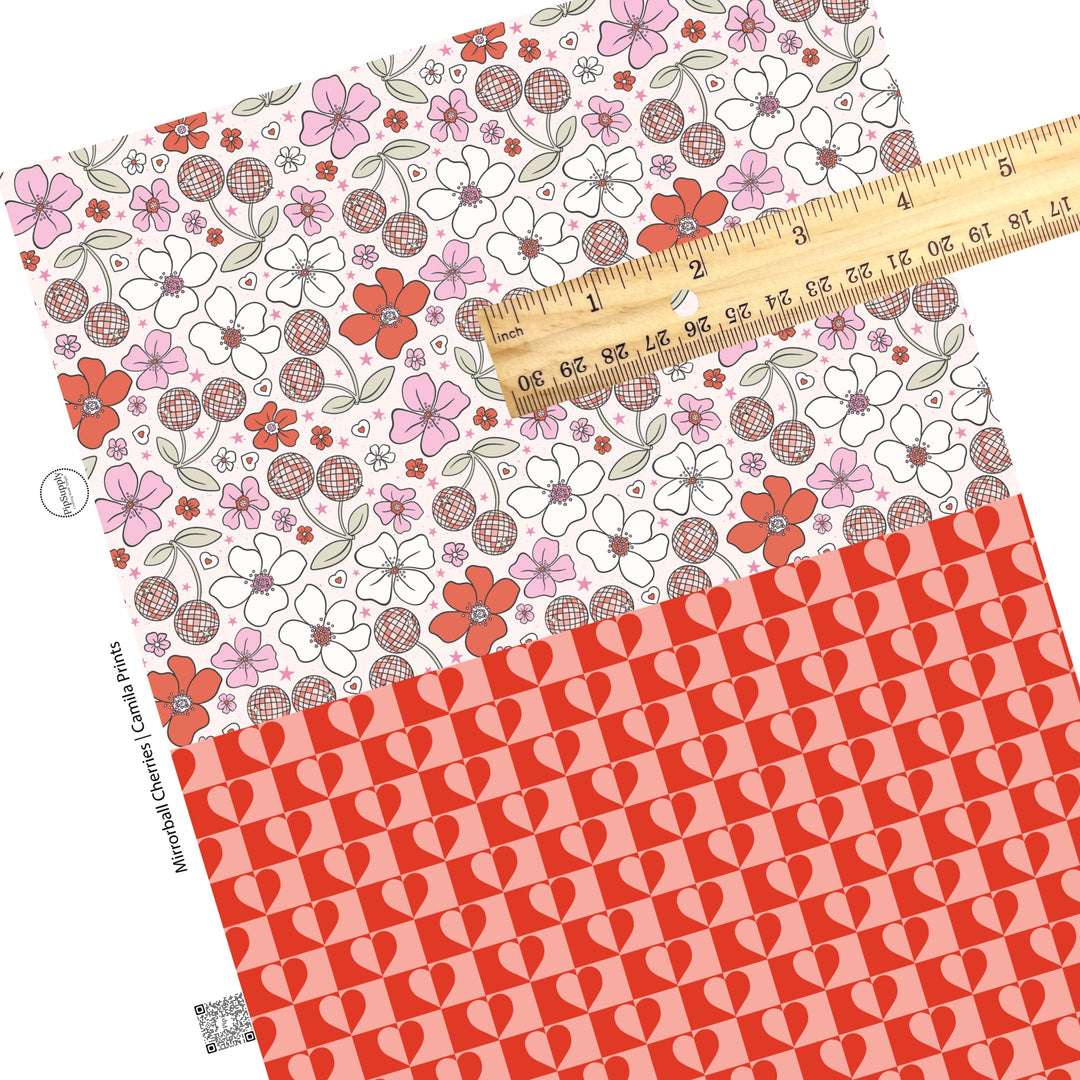 Red and pink halved heart checker with shiny cherries and white, pink, and red flowers with tiny hearts faux leather sheet