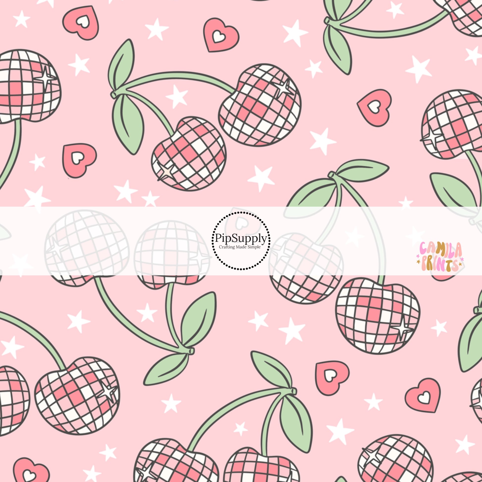 Pink fabric with heart shaped disco ball cherries - Fabric by the Yard