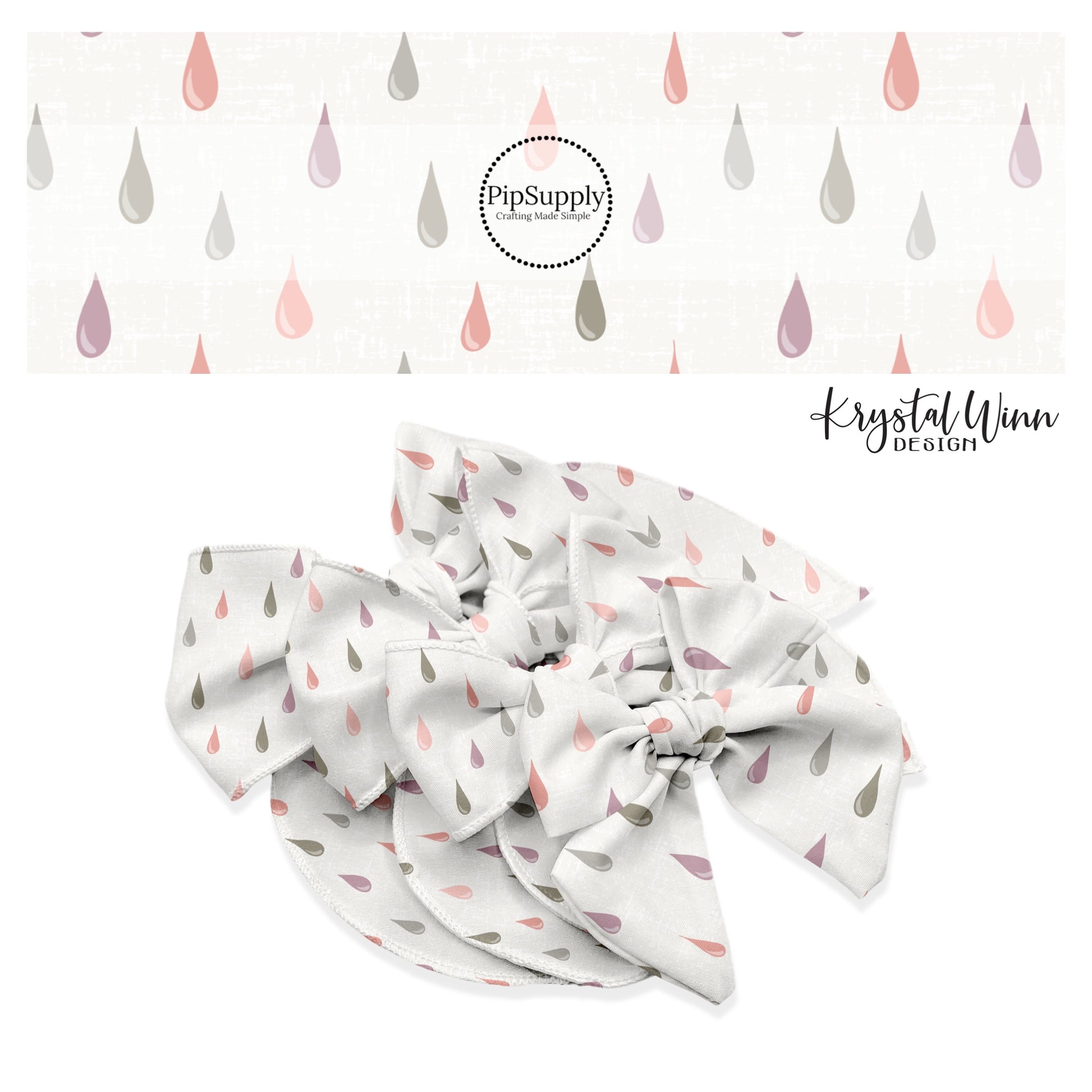 Purple, pink, and green raindrops on a gray distressed bow strip