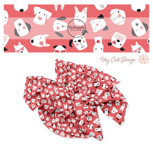 White dogs with black ears and facial features with red heart sunglasses, pink heart eye patch, and pink heart blushing cheeks on red bow strips